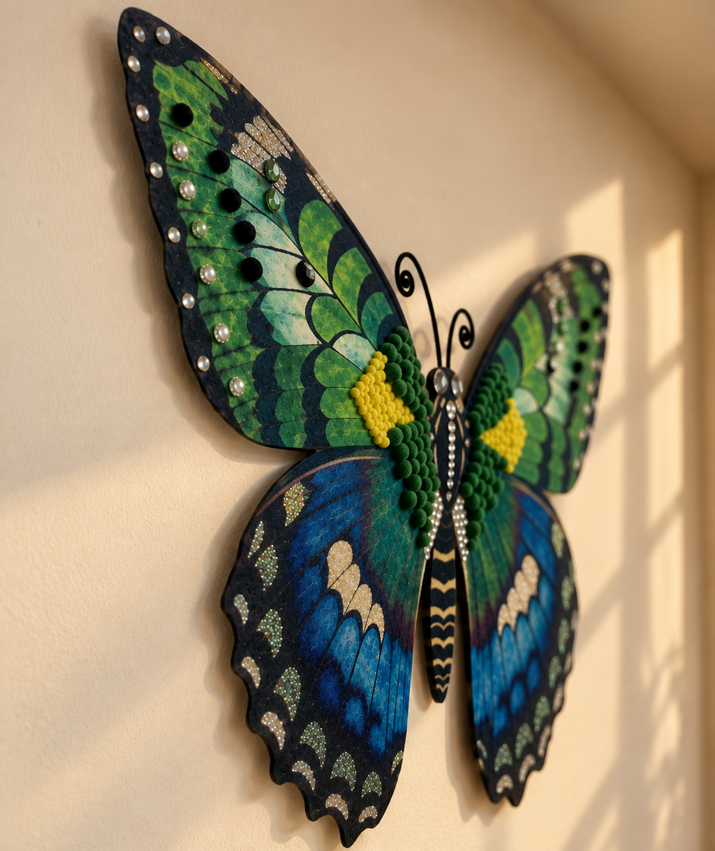 A decorative butterfly wall sculpture mounted on a beige wall, featuring green and blue patterned wings with black outlines and small silver bead accents.