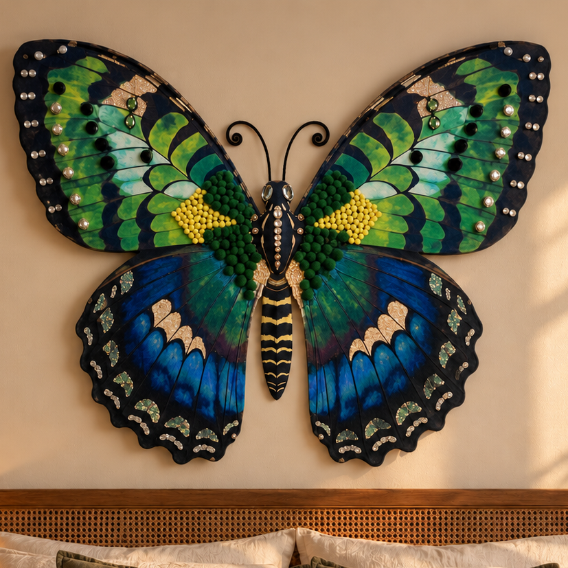 A large decorative butterfly wall art piece in vivid green, blue, and black hangs above a bed in a warmly lit bedroom.