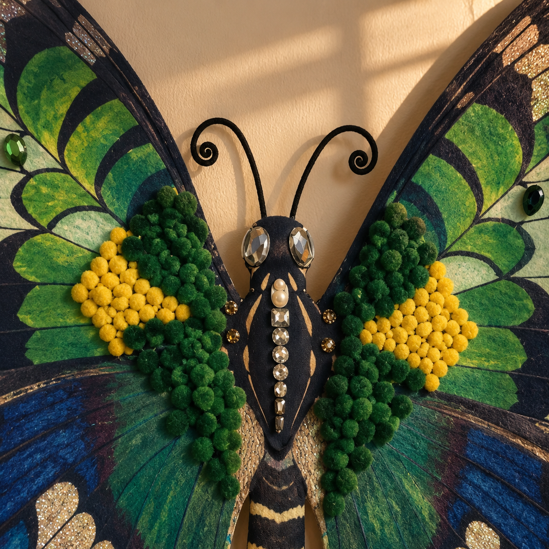 A decorative butterfly wall sculpture mounted against a beige wall. The sculpture features large wings with blue, green, black, and gold patterns, green pom-pom accents, and yellow bead clusters, with a black body and antennae.