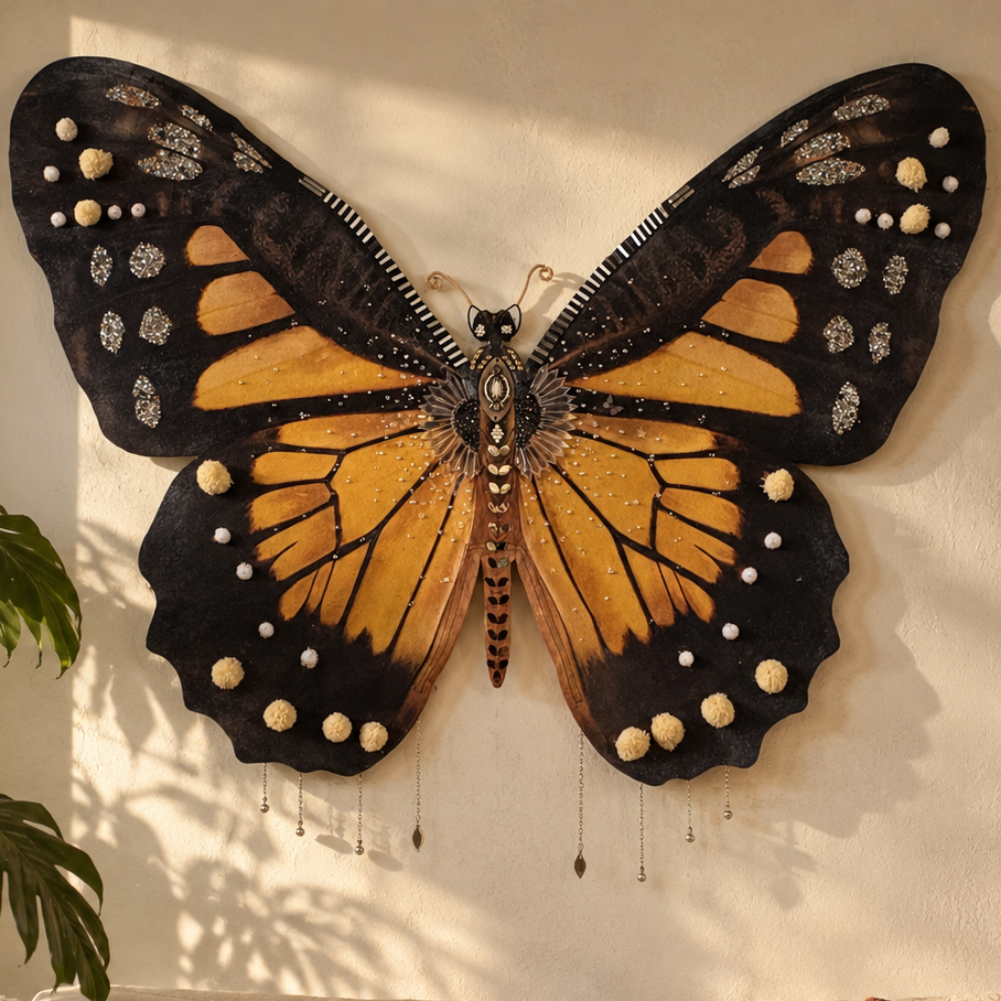 A large decorative butterfly wall art piece with black and orange wings and white spots, mounted on a cream wall above a sofa in a styled living room.