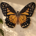 A large decorative butterfly wall art piece with black and orange wings and white spots, mounted on a cream wall above a sofa in a styled living room.