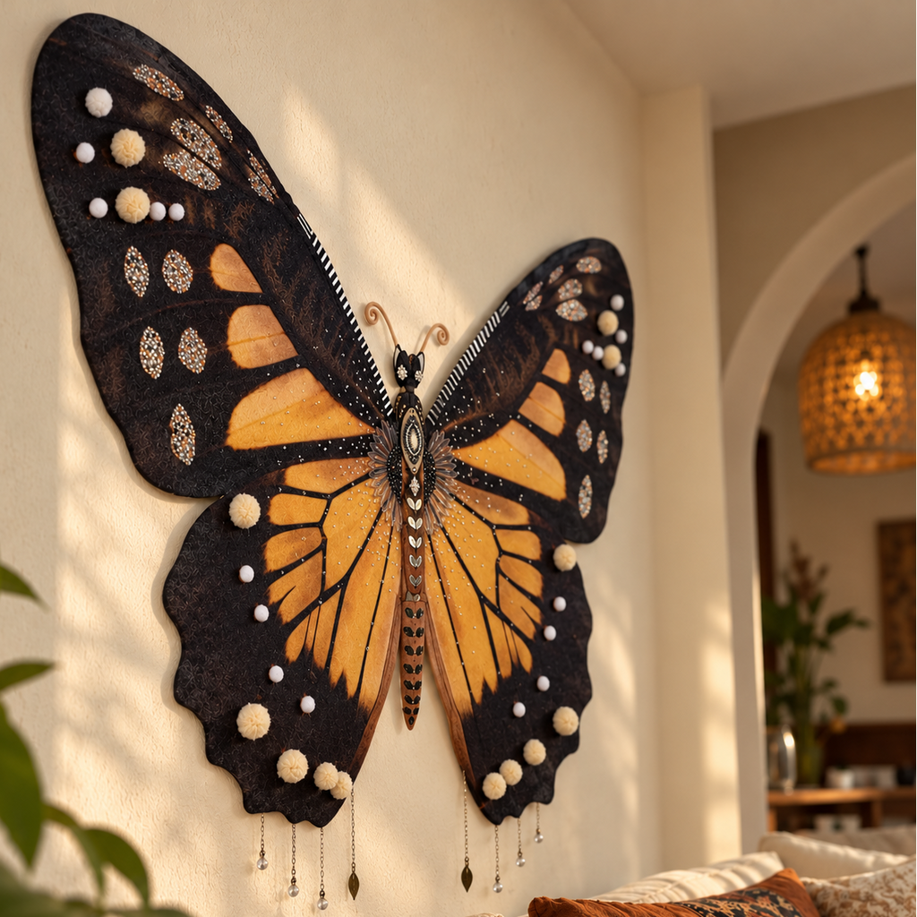 A large decorative wall hanging shaped like a butterfly, mounted on a beige wall in a real interior setting. The butterfly has black wings with bold orange panels, white pom-pom dots, and dangling bead accents.