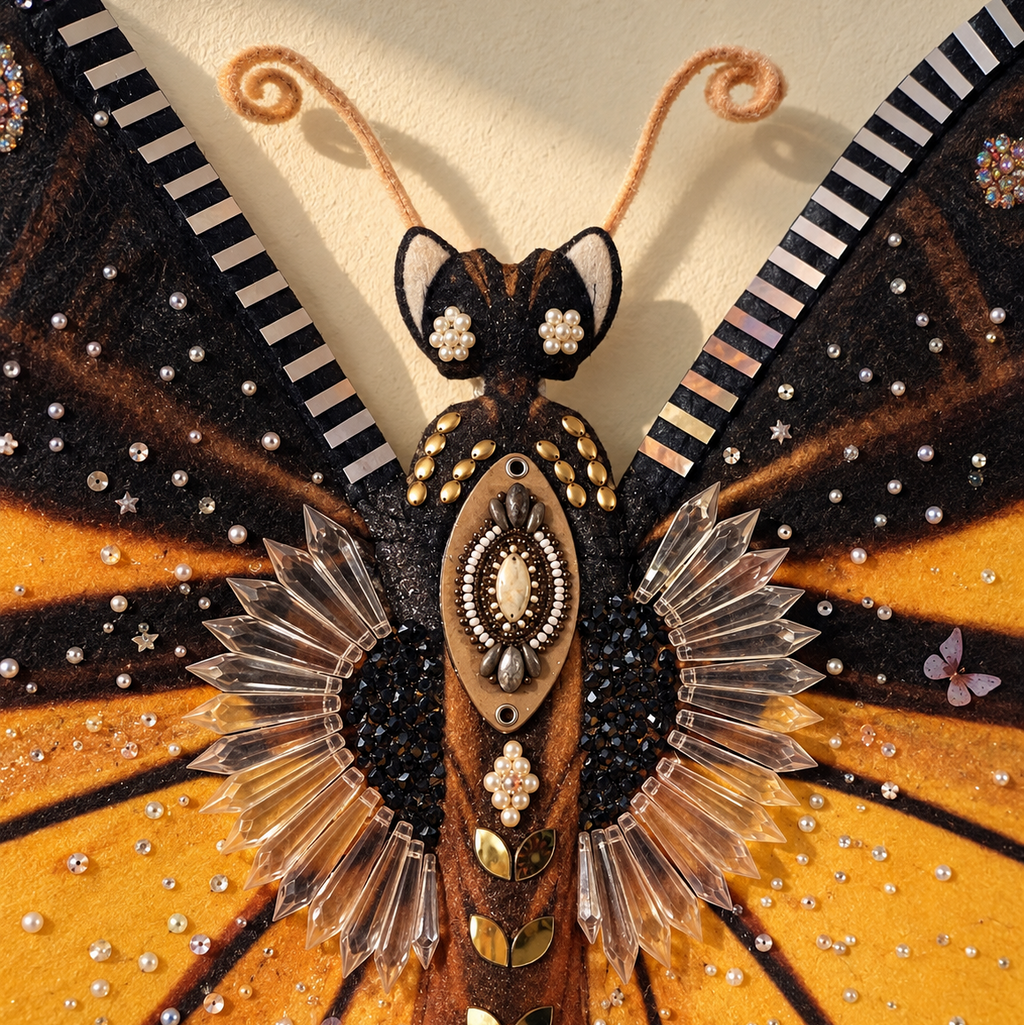 A highly detailed, handcrafted butterfly wall art piece featuring a brown and black body, vibrant orange wings, clear faceted crystal elements, and small silver rhinestones, mounted on a light beige wall.