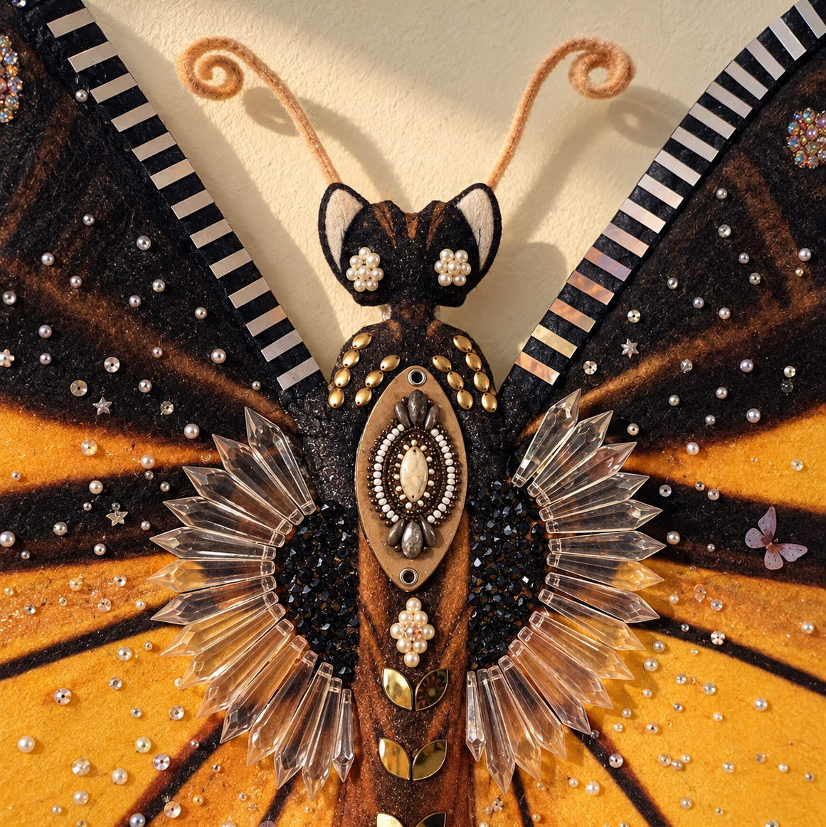 A highly detailed, handcrafted butterfly wall art piece featuring a brown and black body, vibrant orange wings, clear faceted crystal elements, and small silver rhinestones, mounted on a light beige wall.