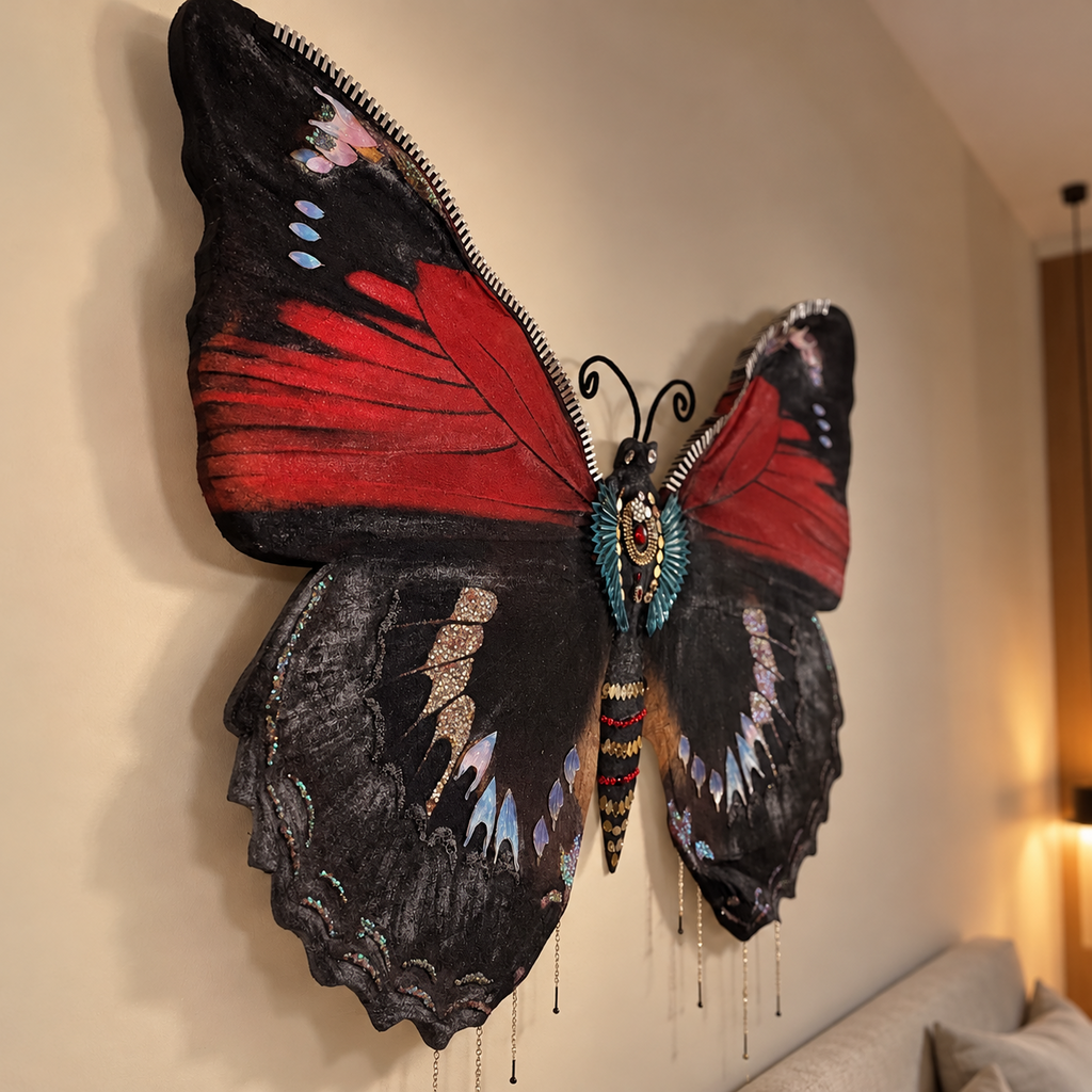 A large decorative butterfly wall hanging with two wings, shown mounted on a beige wall in a real interior setting. The butterfly has black and red wings with small blue, white, and metallic details, and dangling chain accents near the lower edges.