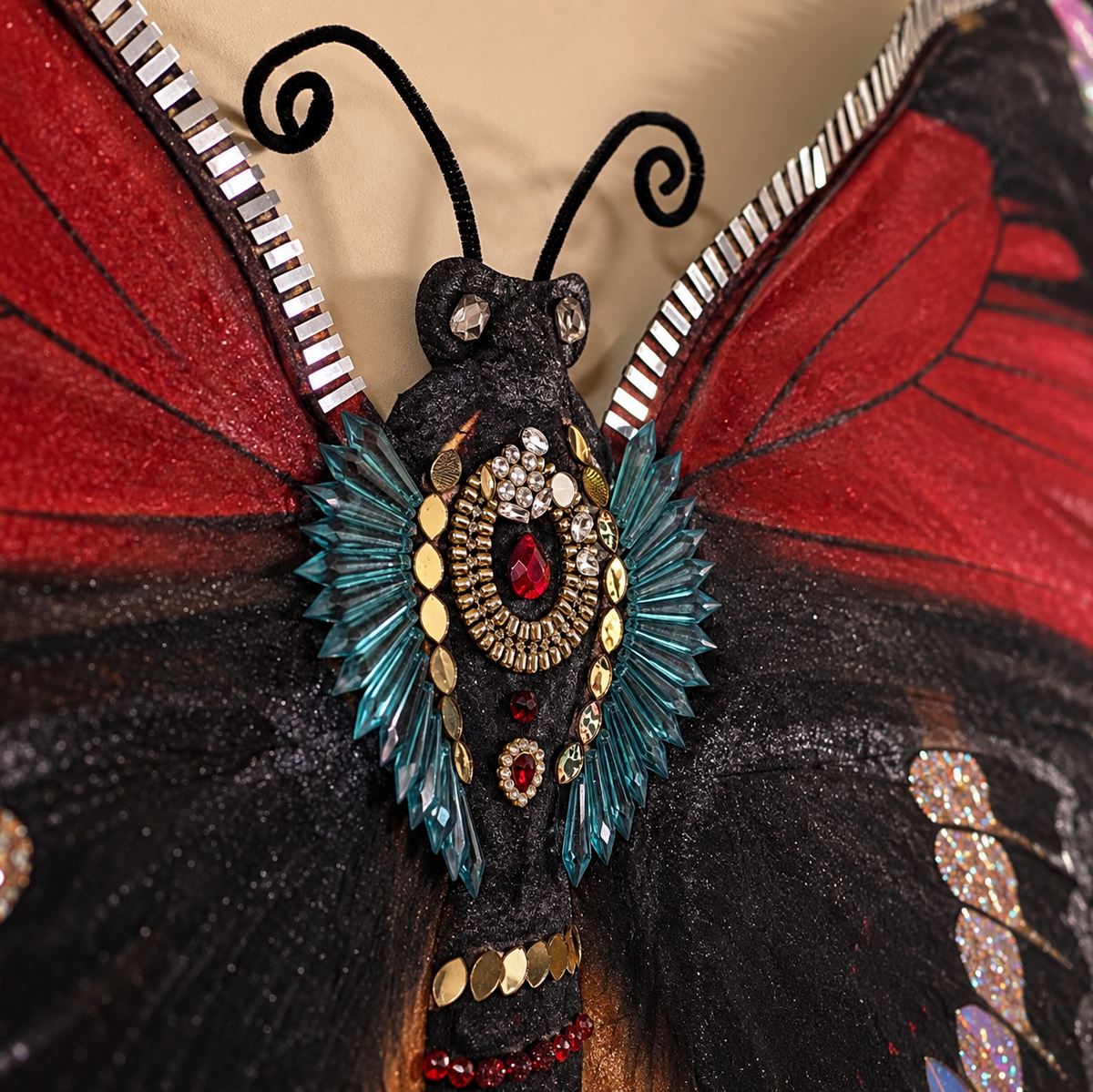 A close-up of a decorative butterfly embellishment with red wings, black body and wings, teal blue accents, and gold and silver rhinestone details on a beige background.