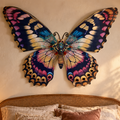 A large, colorful butterfly wall art piece mounted above a bed in a warmly lit bedroom. The butterfly has wide wings in shades of blue, purple, pink, yellow, and black, with a patterned body.