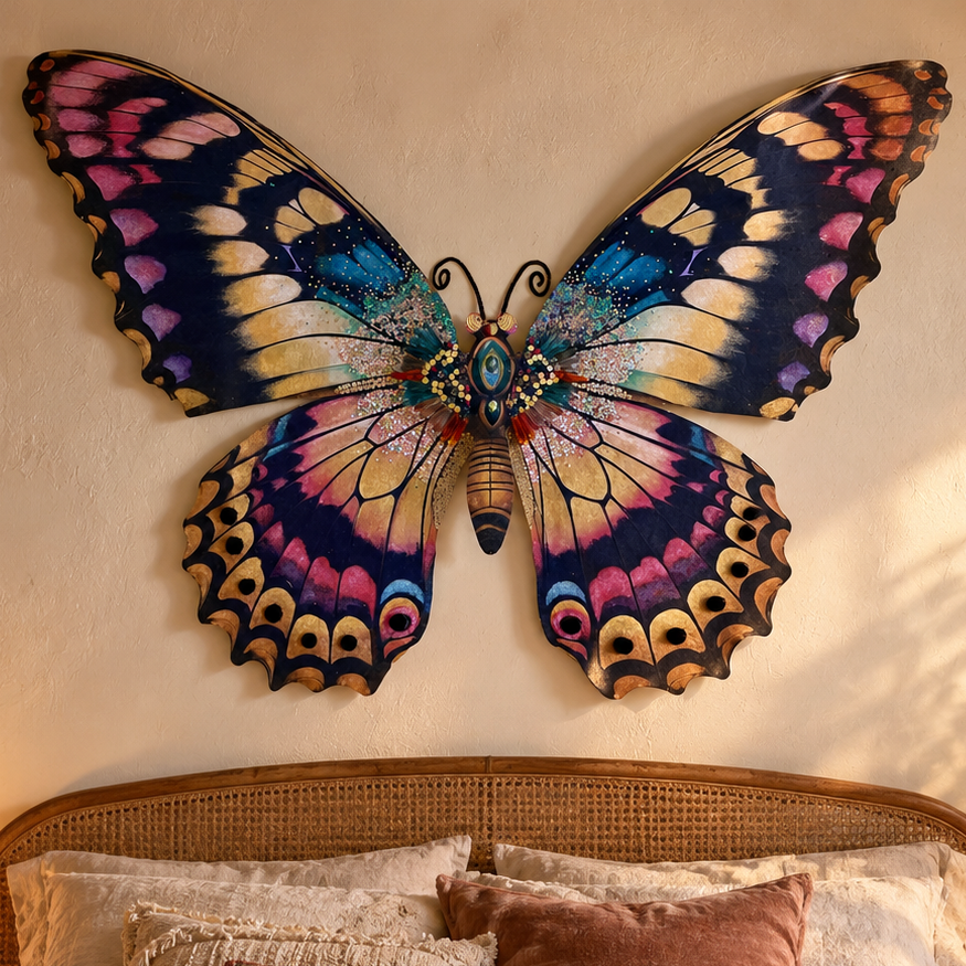 A large, colorful butterfly wall art piece mounted above a bed in a warmly lit bedroom. The butterfly has wide wings in shades of blue, purple, pink, yellow, and black, with a patterned body.
