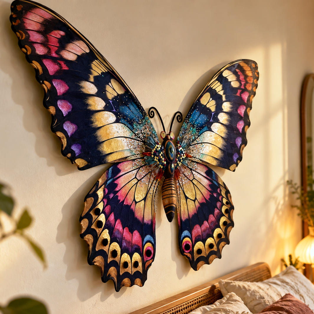 A large, colorful butterfly wall art piece mounted on a beige wall above a bed in a warmly lit bedroom. The butterfly has intricate patterns in navy blue, gold, pink, purple, and black.