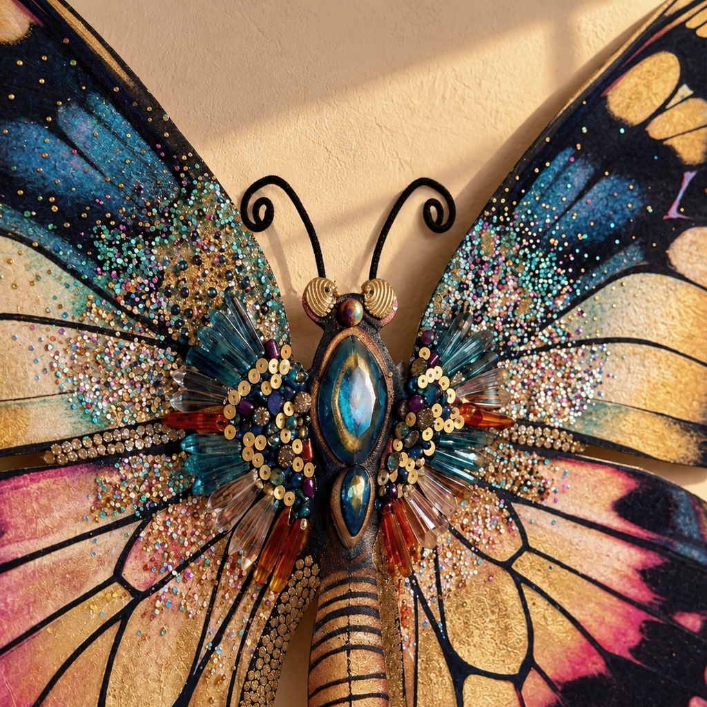 A highly detailed, colorful butterfly wall sculpture with glittery wings in shades of blue, gold, pink, and black, mounted on a beige wall.