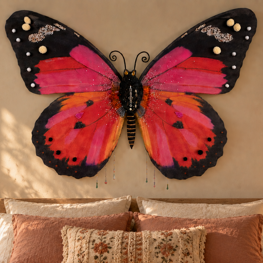 A large decorative butterfly wall art piece with bright pink, orange, and black wings hangs above a neatly made bed in a warm, sunlit bedroom.