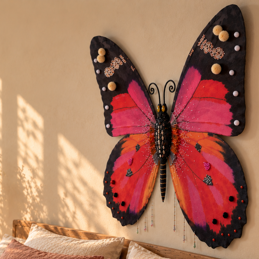 A large decorative butterfly wall art piece in pink, orange, and black hangs above a bed in a warm, sunlit bedroom. The room includes a woven pendant lamp, pillows, and a vase of dried flowers.
