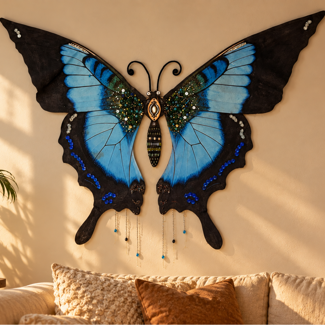 Large butterfly wall art with black wings and vivid blue patterned wings, hanging on a beige wall above a sofa in a sunlit living room.