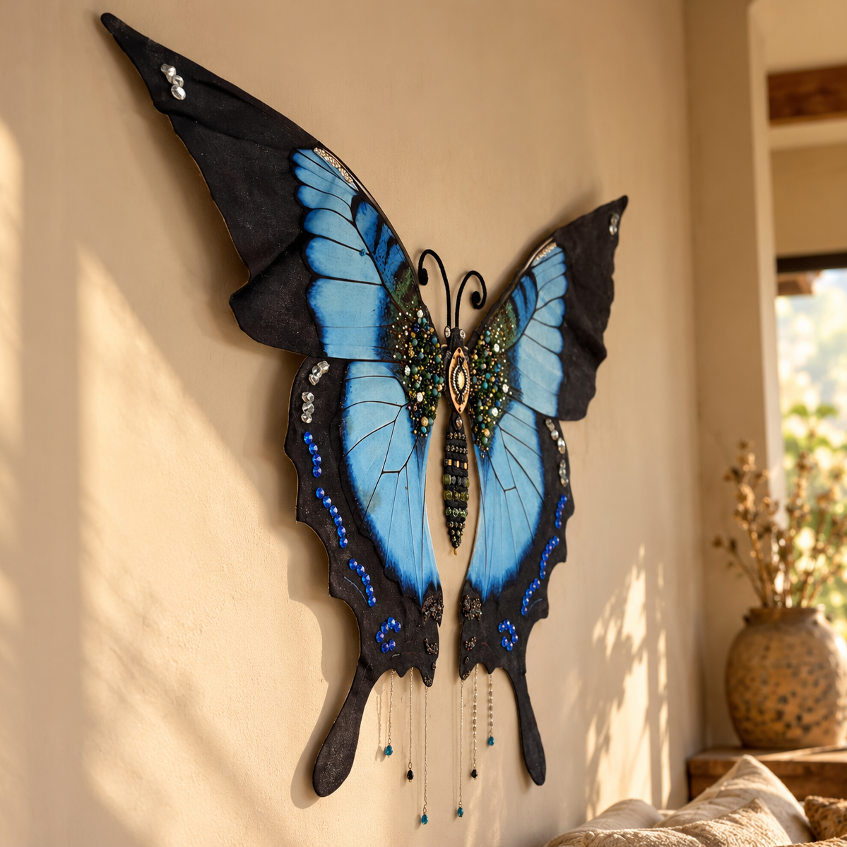 A large decorative butterfly wall hanging with bright blue and black wings, mounted on a beige wall in a sunlit room. The butterfly has intricate bead and metallic detailing, and a vase with dried stems is visible in the background near a window.