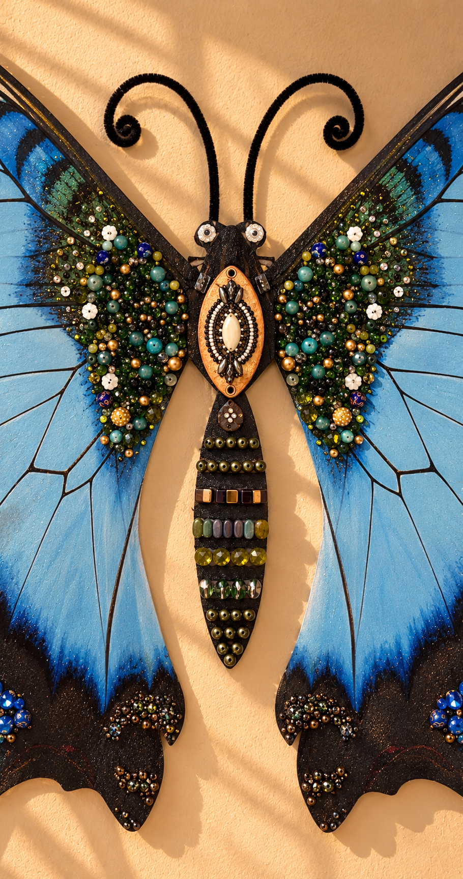 A decorative butterfly wall hanging with large blue wings, black metal antennae and body outline, and dense multicolored beadwork across the wings and body, shown against a warm beige background.
